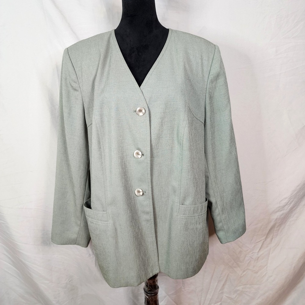 Vtg DRESSBARN Size 20W Sage Green Collarless V-Neck Twill Office Blazer Jacket